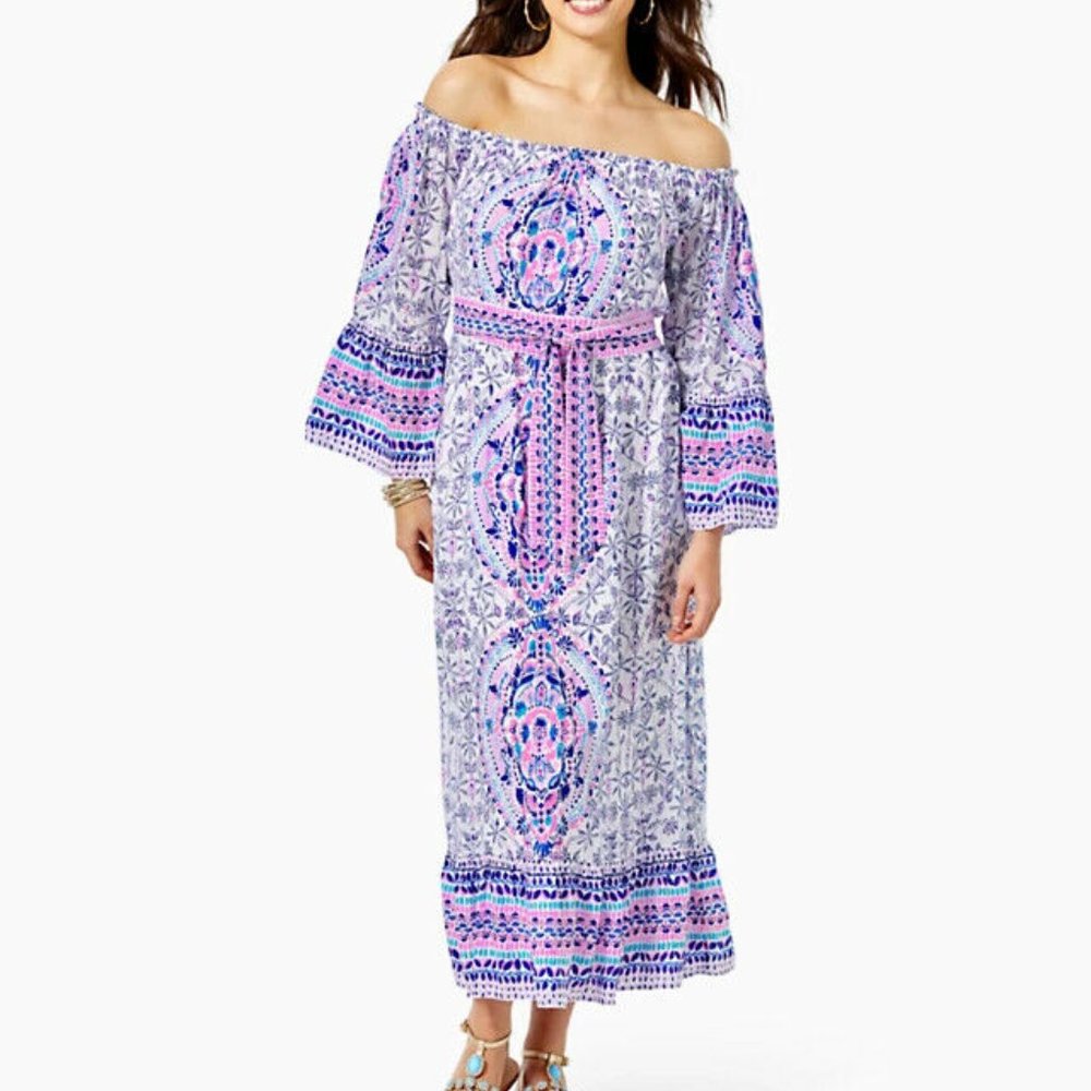 Lilly Pulitzer Abigale Time To Shine Engineered Off Shoulder Easy Midi Dress XL